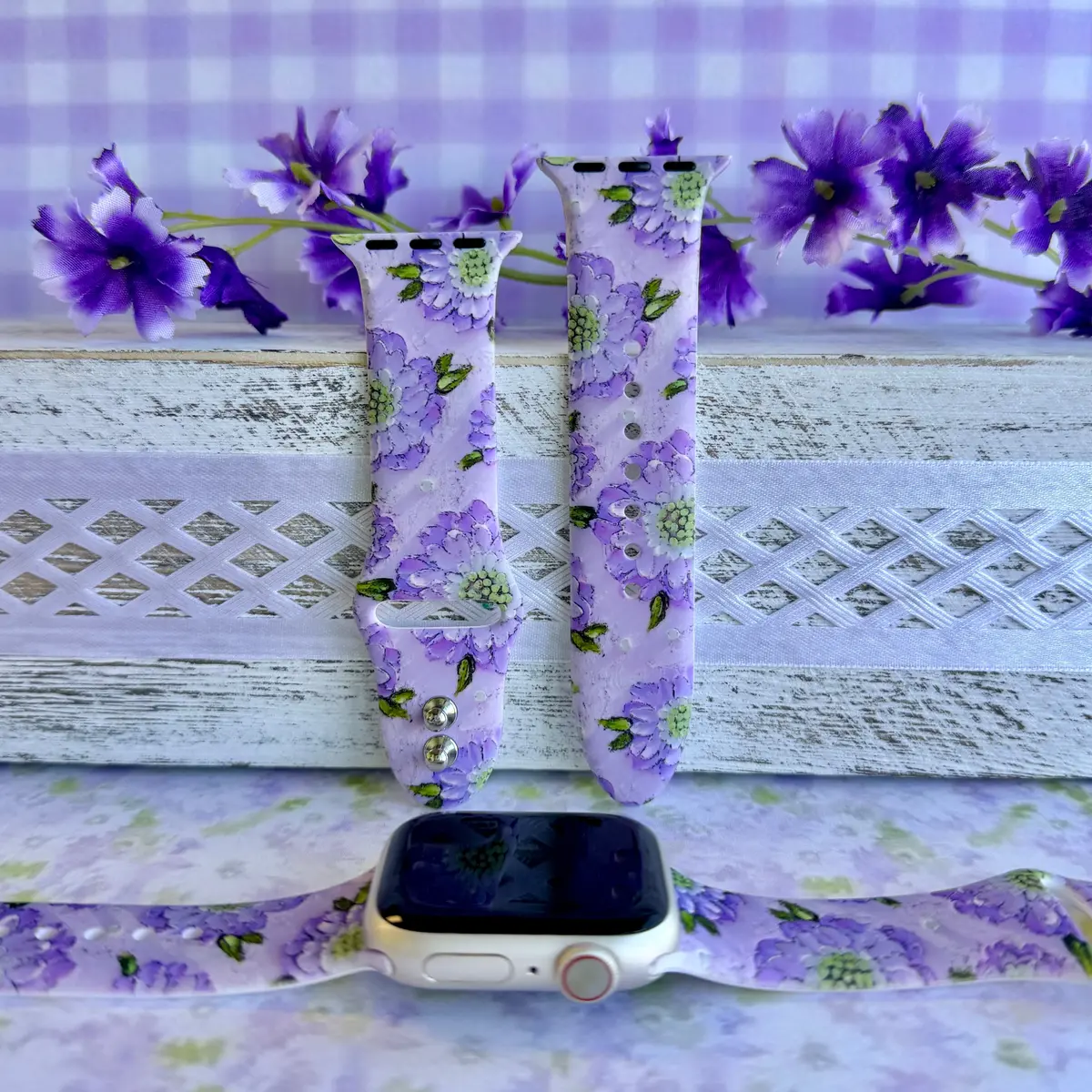 Purple Wildflower Print Silicone Band For Apple Watch 1