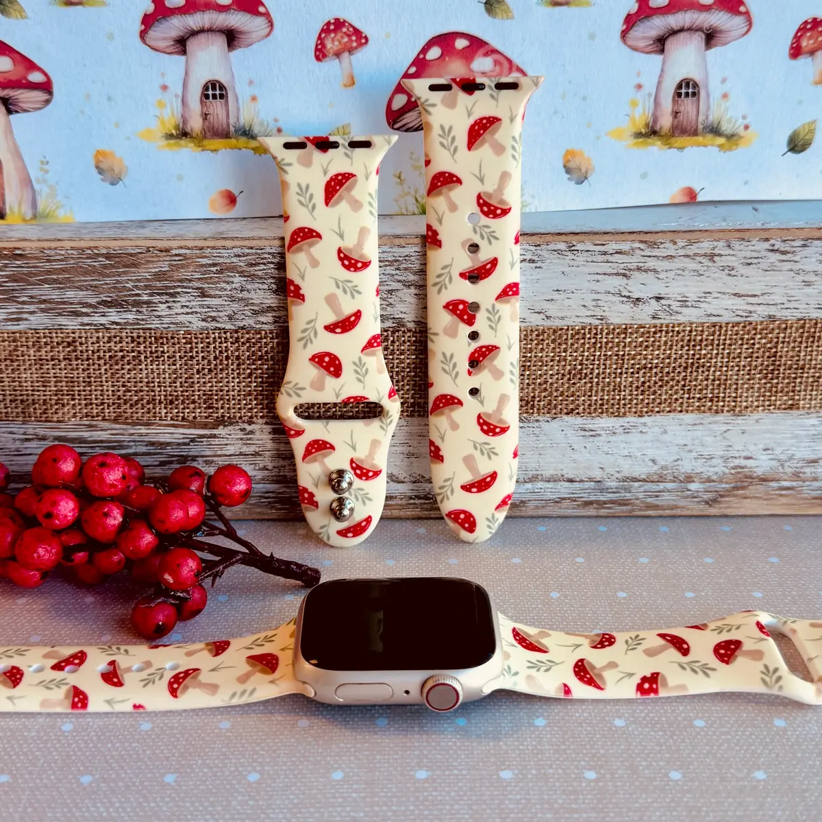 Mushroom Meadow Print Silicone Band For Apple Watch 1