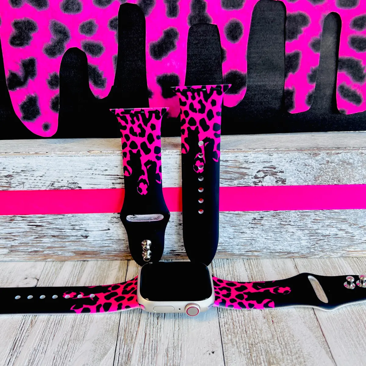 Hot Pink Black Leopard Drip Print Silicone Band For Apple Watch 1