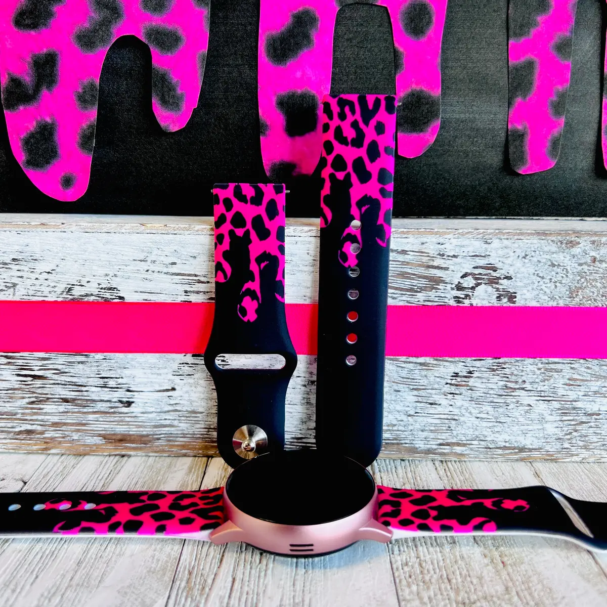 Hot Pink Black Leopard Drip Print Silicone Band For Samsung Watch 1