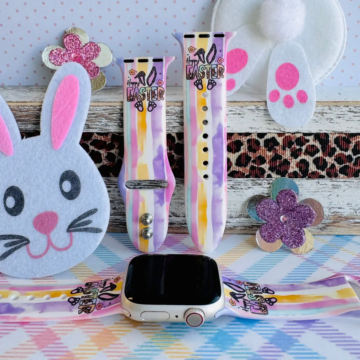 Leopard Ears & Easter Cheers Print Silicone Band For Apple Watch 1