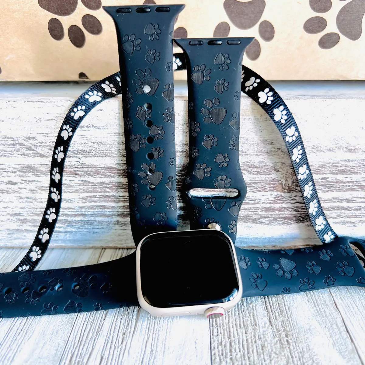 Engraved Black Paw Silicone Band For Apple Watch 1