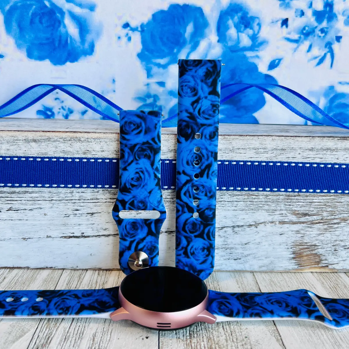 Cobalt Blue Roses Print Silicone Band For Samsung Watch 1