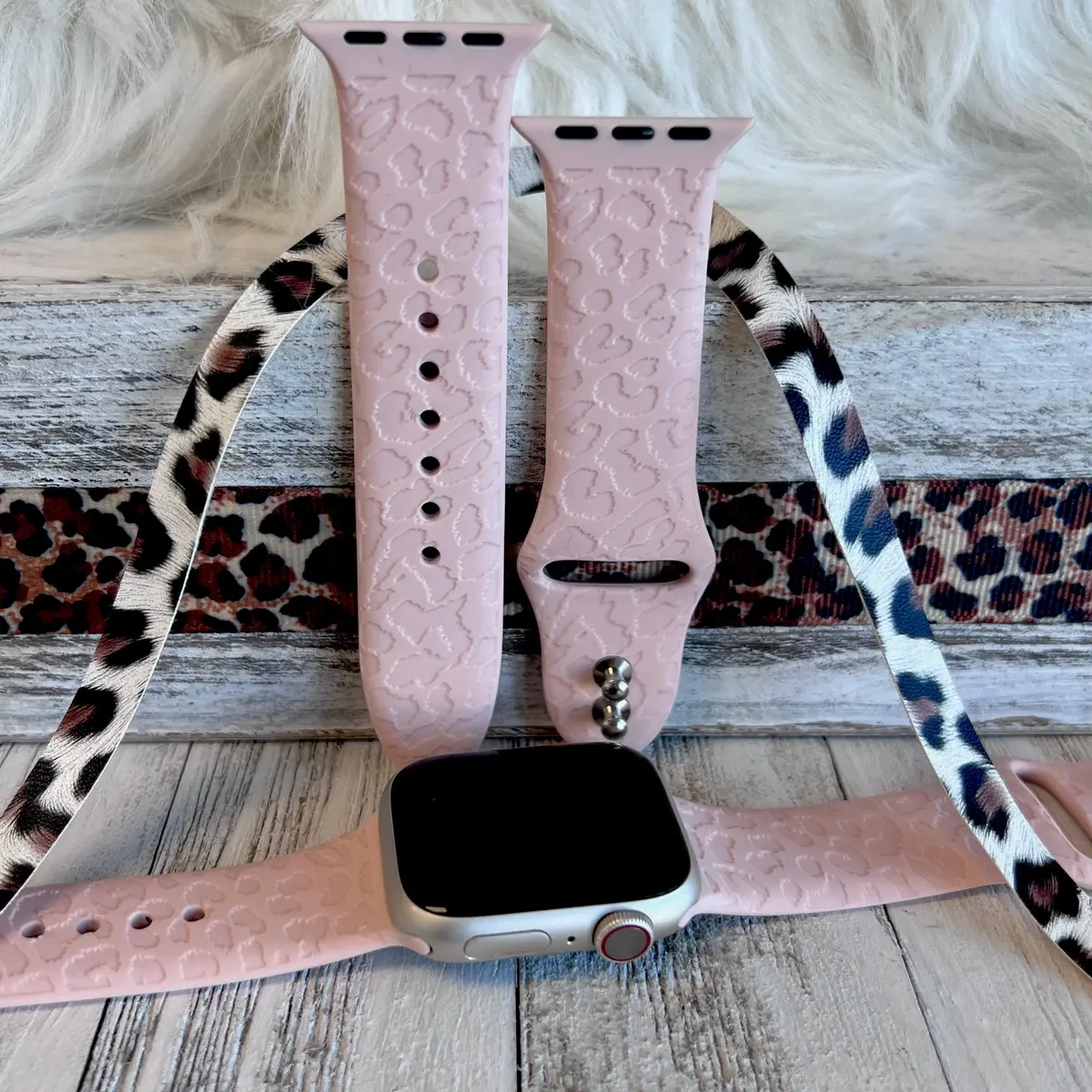Engraved Pink Sand Leopard Silicone Band For Apple Watch 1