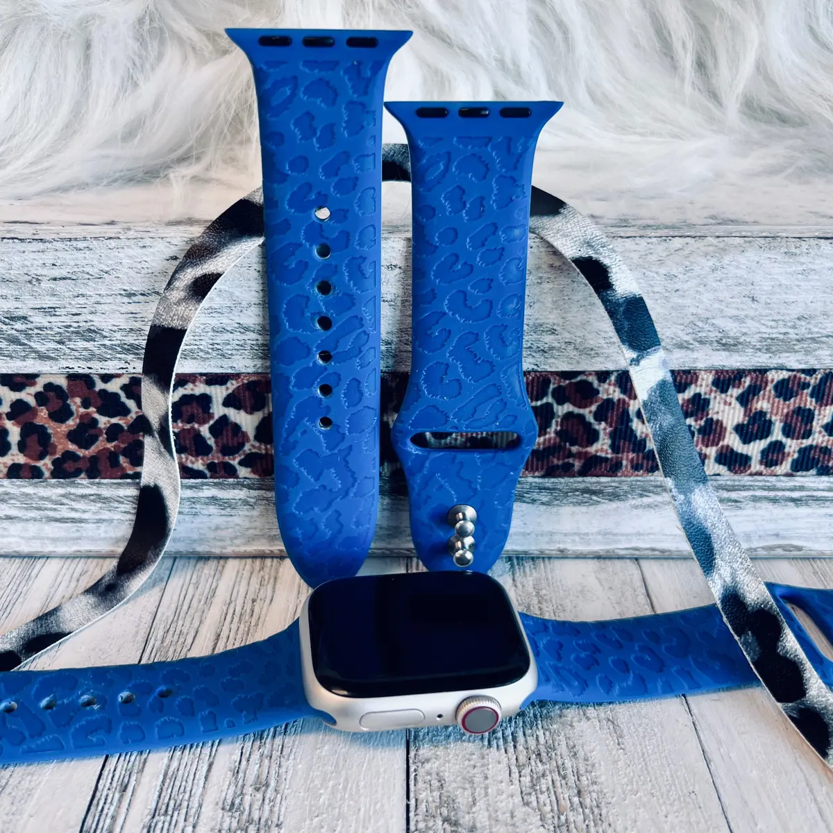 Engraved Blue Leopard Silicone Band For Apple Watch 1