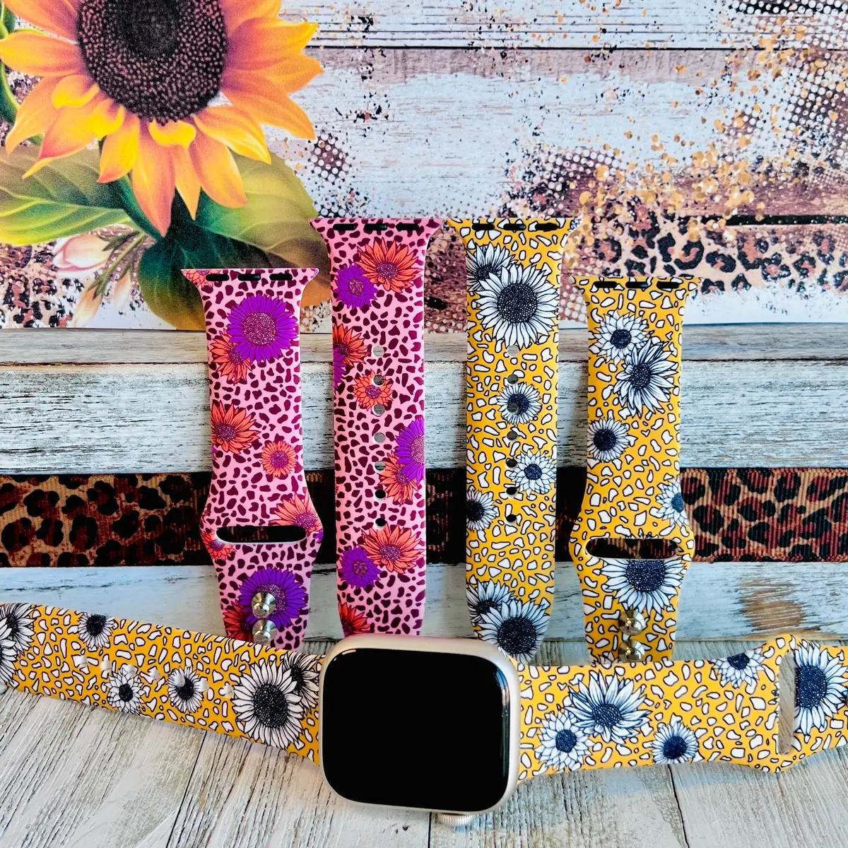 Leopard Sunflower Print Silicone Band For Apple Watch (Two Colors Available) 1