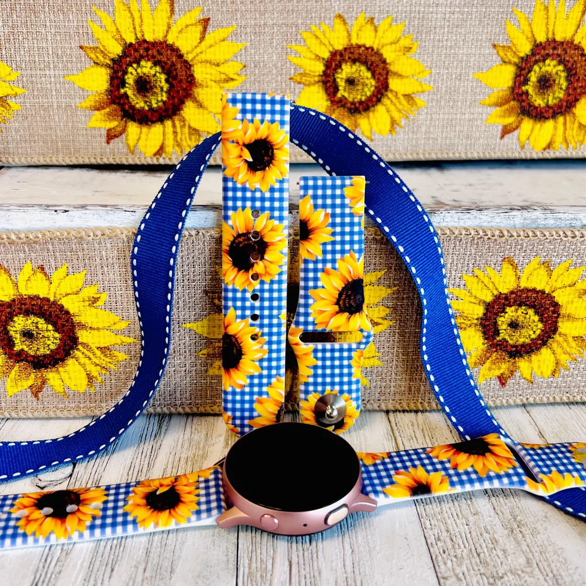 Blue Gingham Sunflower Print Silicone Band For Samsung Watch 1