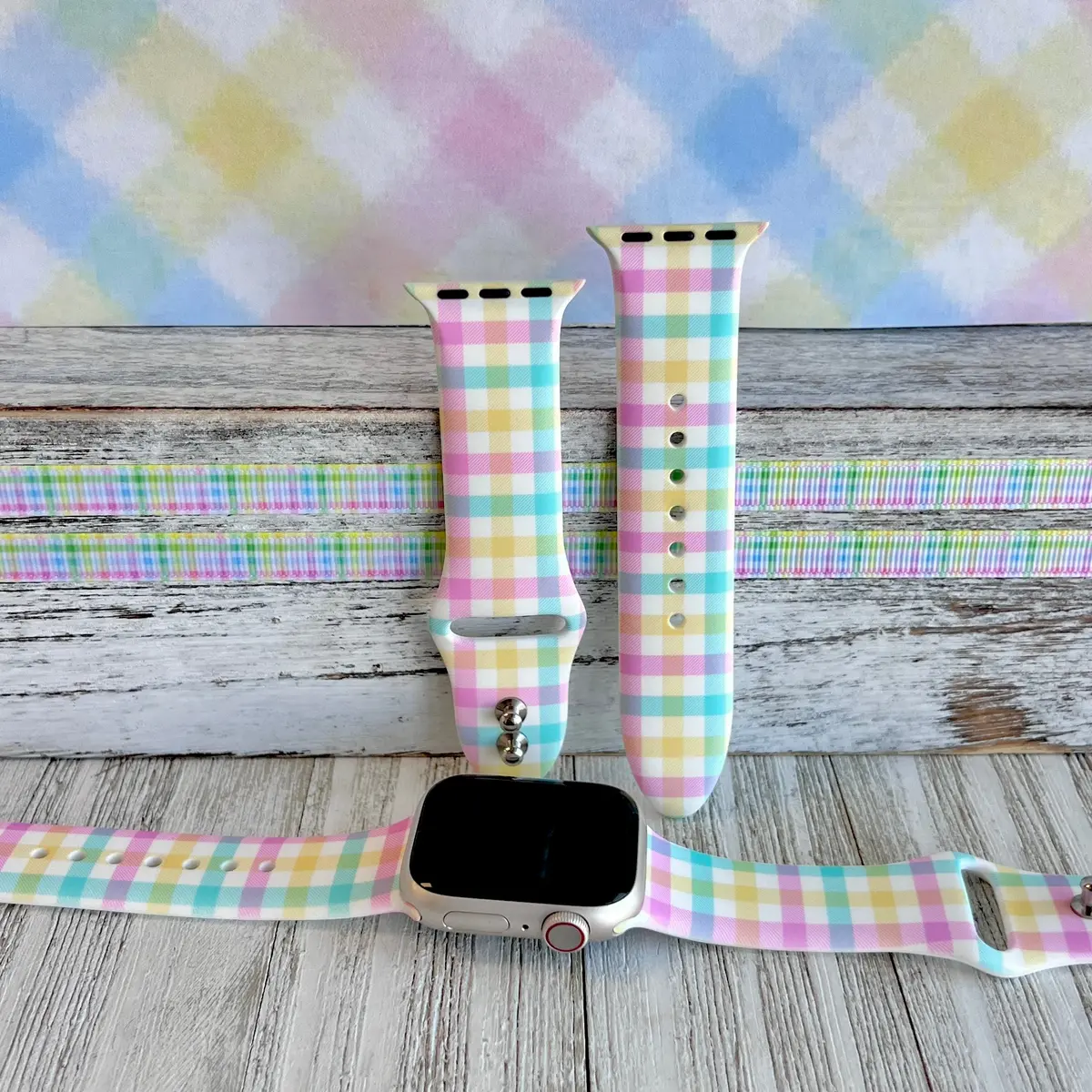 Pastel Gingham Print Silicone Band For Apple Watch 1