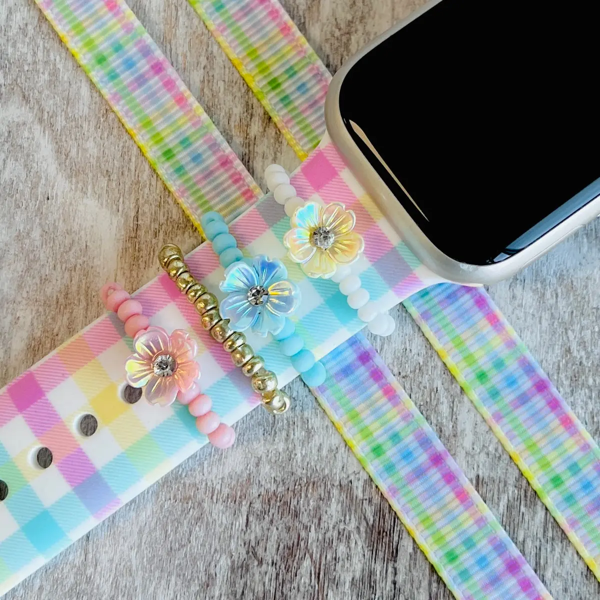 Band Bling 4Pc Stack Beaded  Multi Color Pastel Flowers 1