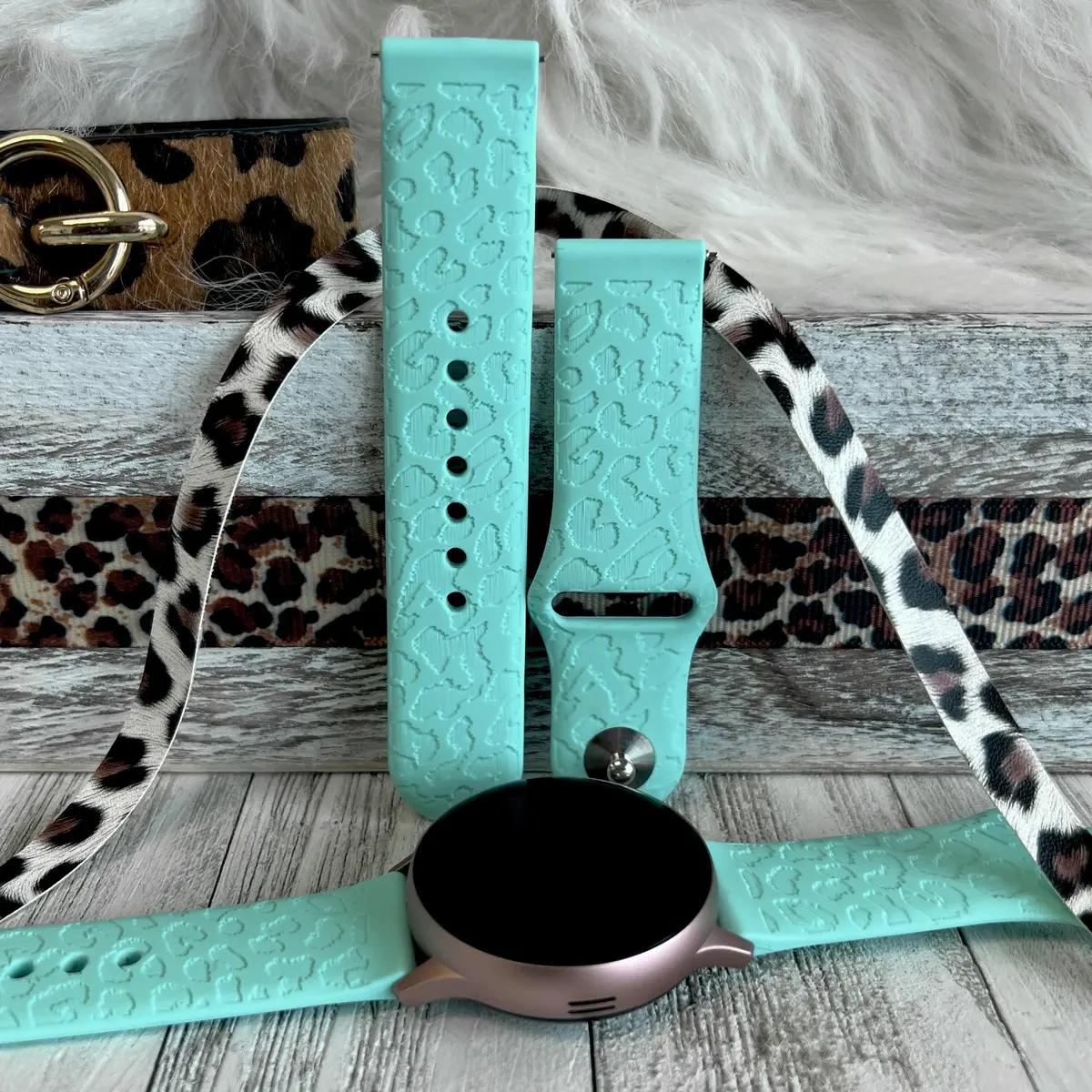 Engraved Mint Green Leopard Silicone Band For Samsung Watch 1