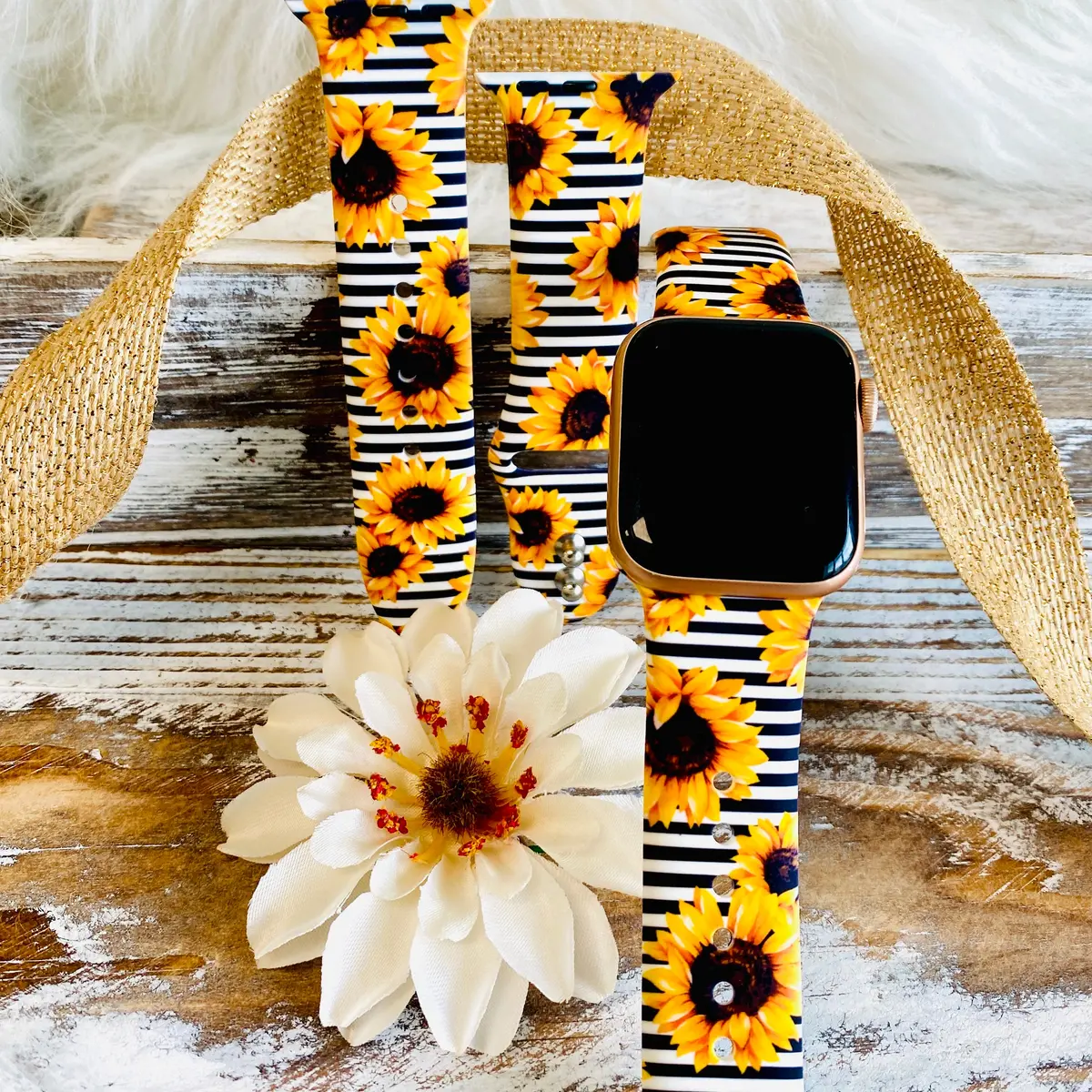 Pin Striped Sunflower Print Silicone Band For Apple Watch 1