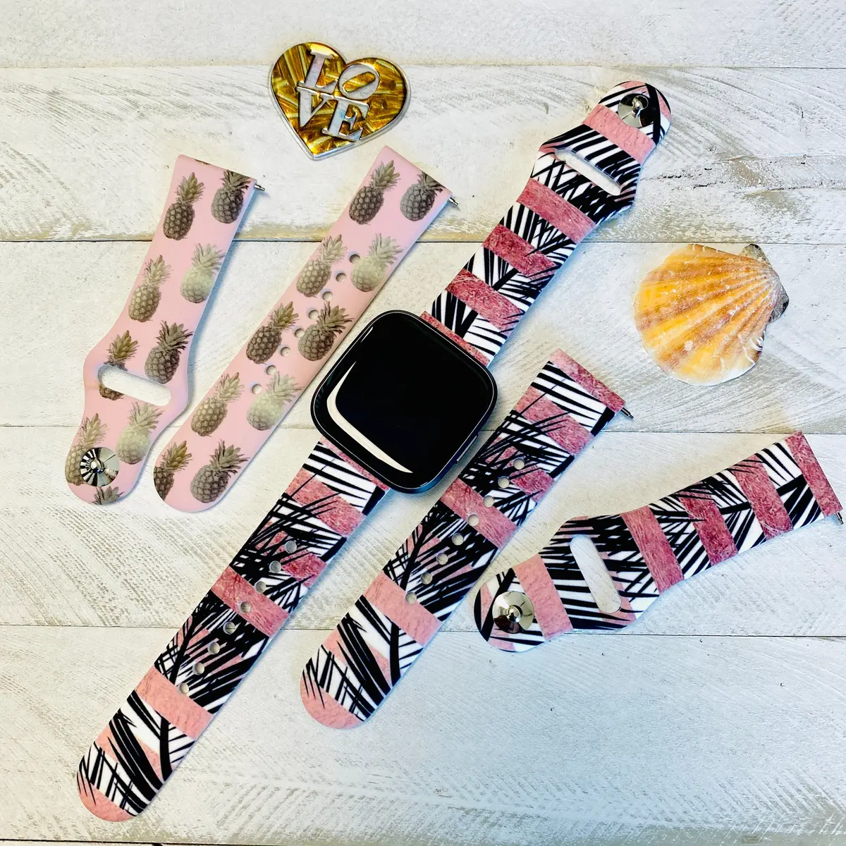 Tropical Rose Gold Print Silicone Band For Fitbit Versa 1/2 Two Colors Available 1