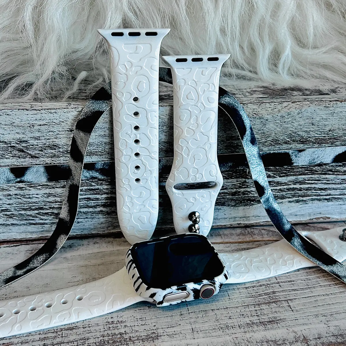 Engraved White Leopard Print Silicone Band For Apple Watch 1