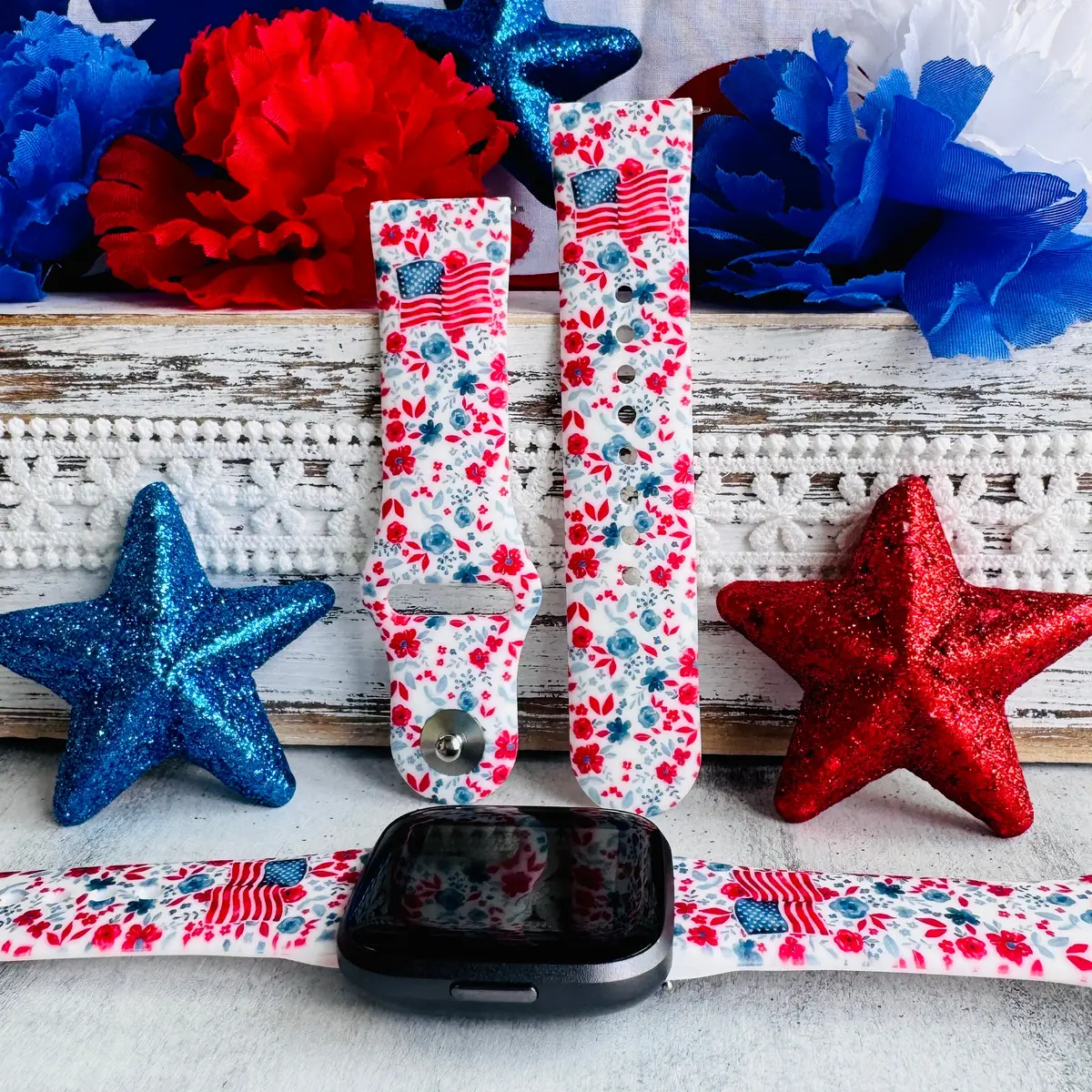 Red, White, & Bloom Print Silicone Band For Fitbit Versa 1/2 1