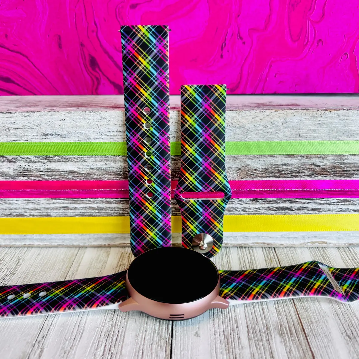 Neon Plaid Print Silicone Band For Samsung Watch 1