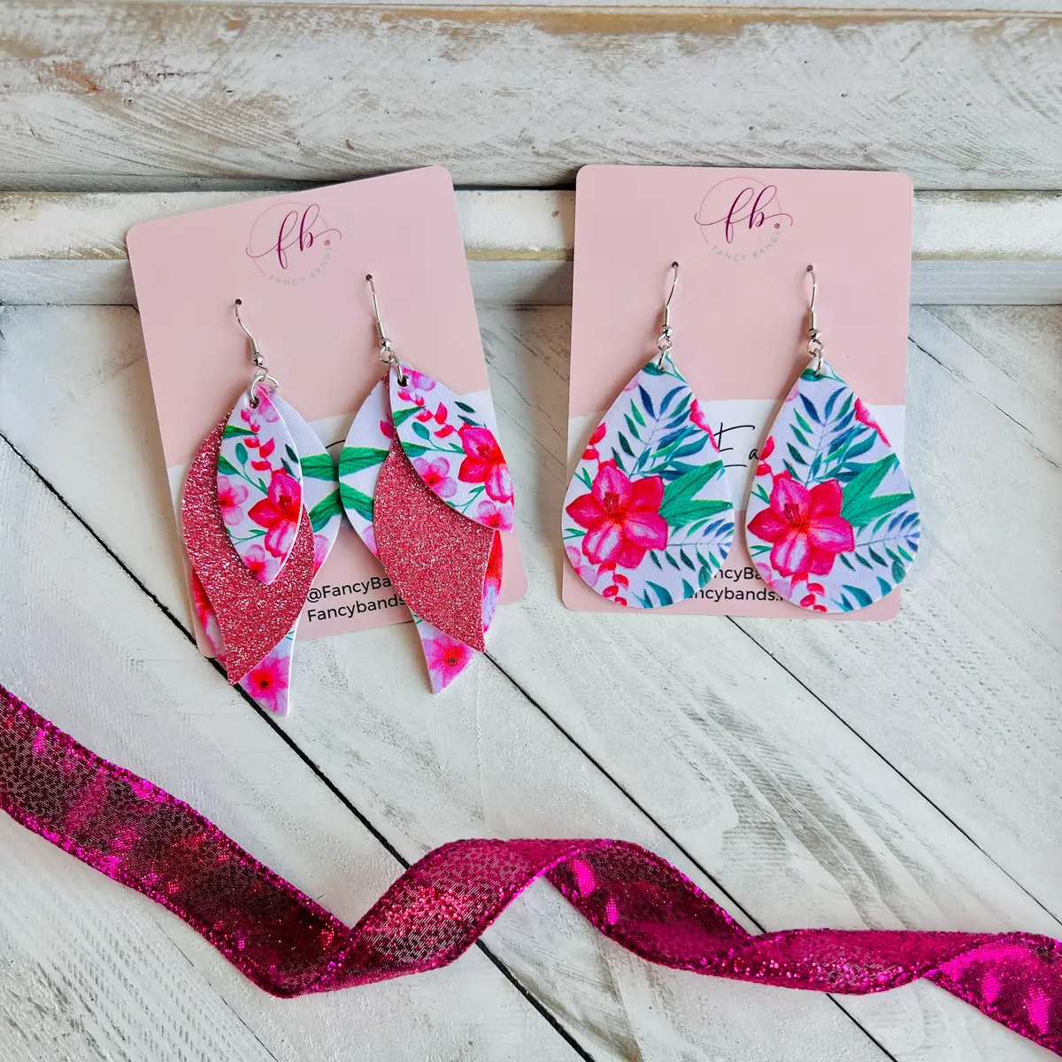 Hawaiian Floral Faux Leather Teardrop Ear Bling Two Styles Available 1
