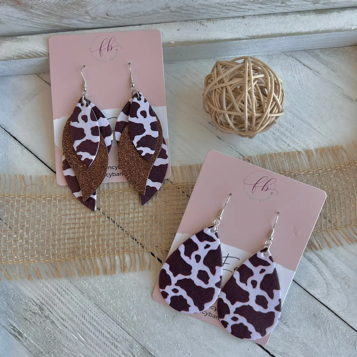 Nashville Brown Cow Faux Leather Teardrop Ear Bling Two Styles Available 1