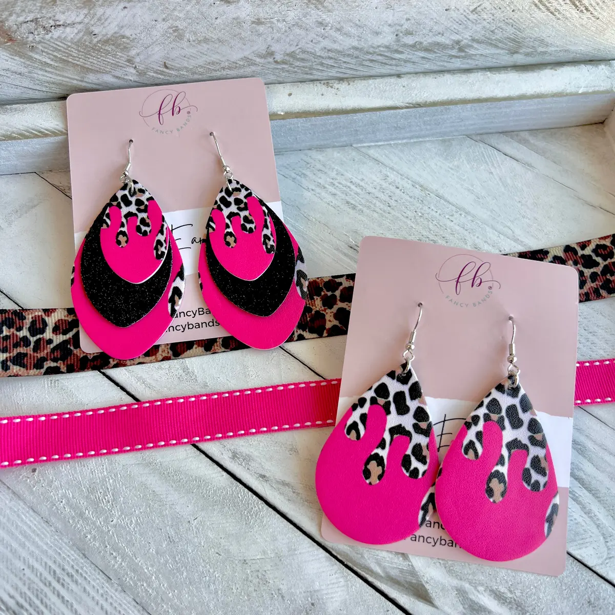 Barbie Pink Leopard Drip Faux Leather Teardrop Ear Bling Two Styles Available 1
