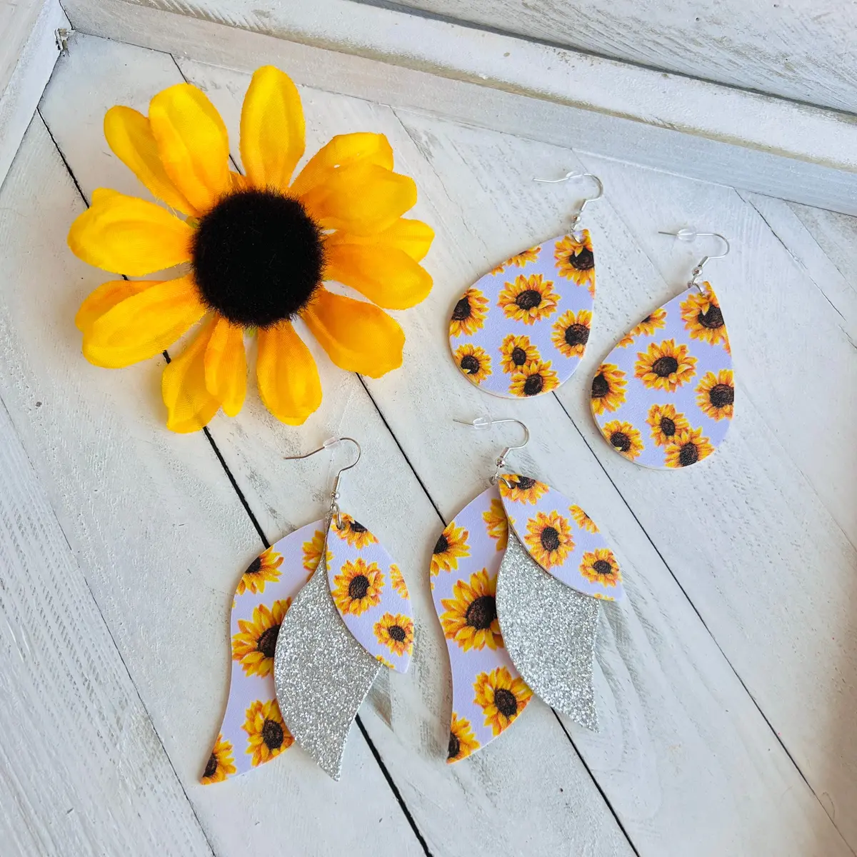 Sunflower White Background Faux Leather Teardrop Ear Bling Two Styles Available 1
