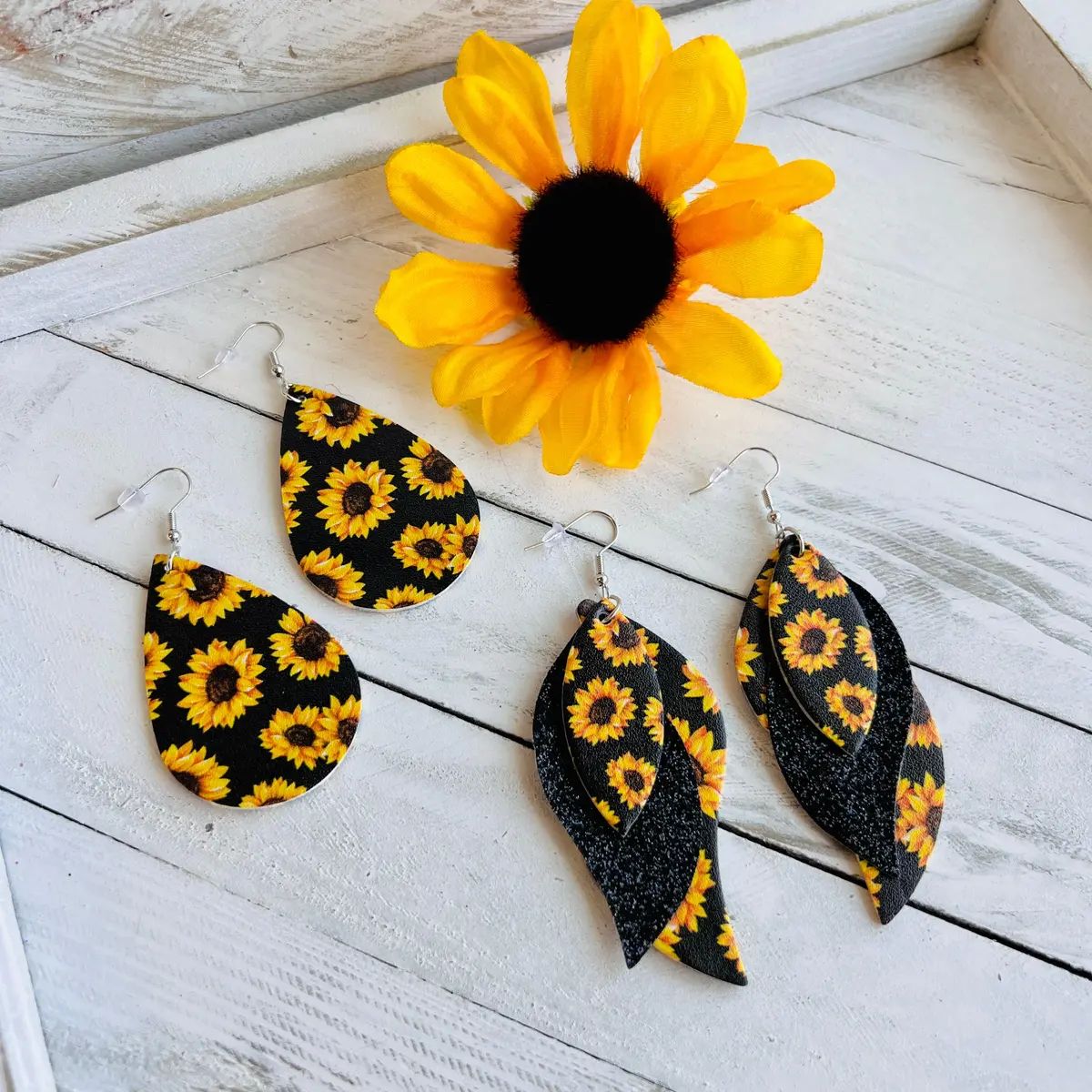 Sunflower Black Background Faux Leather Teardrop Ear Bling Two Styles Available 1