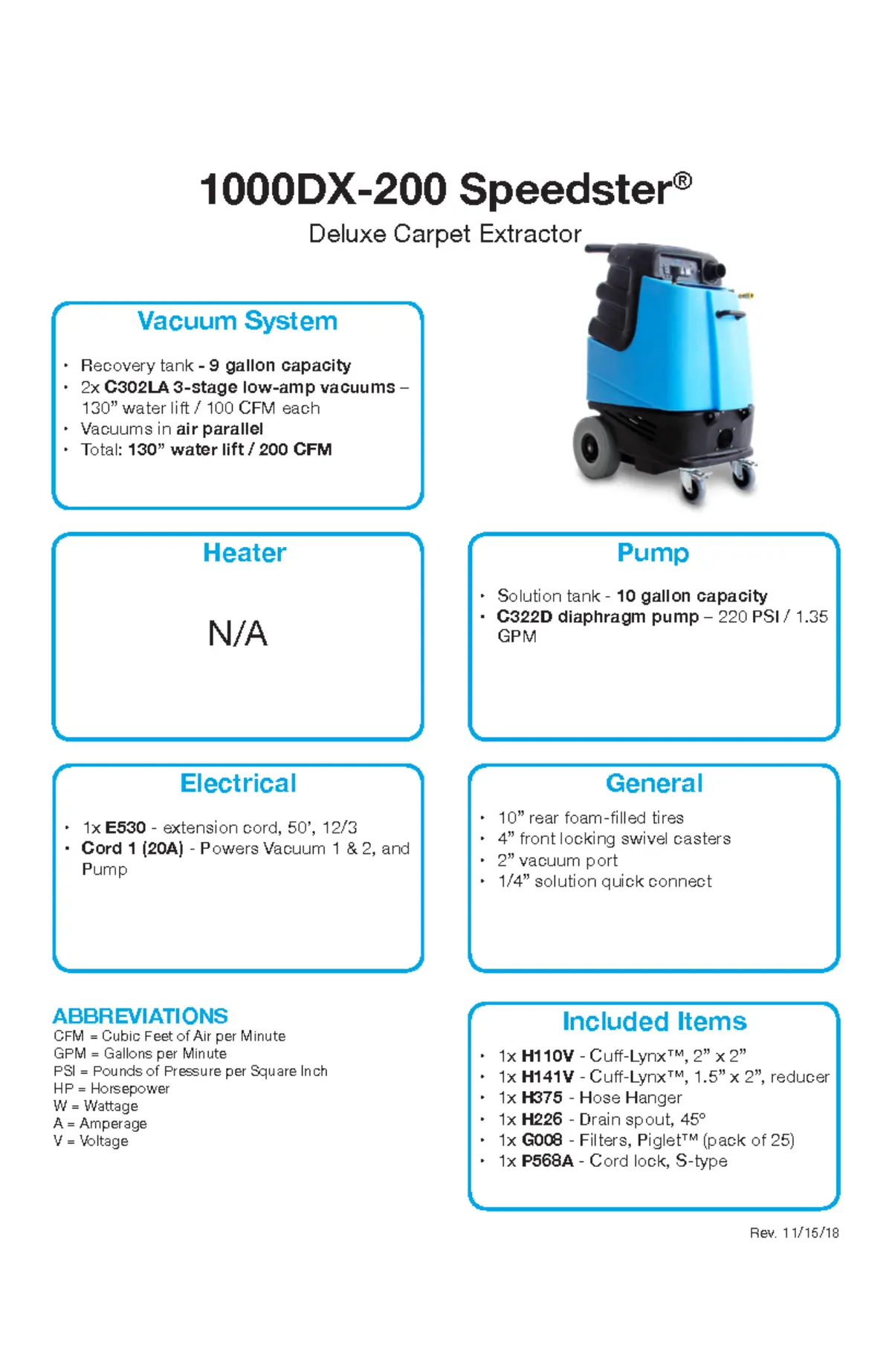 Mytee Product Specification Sheets 1