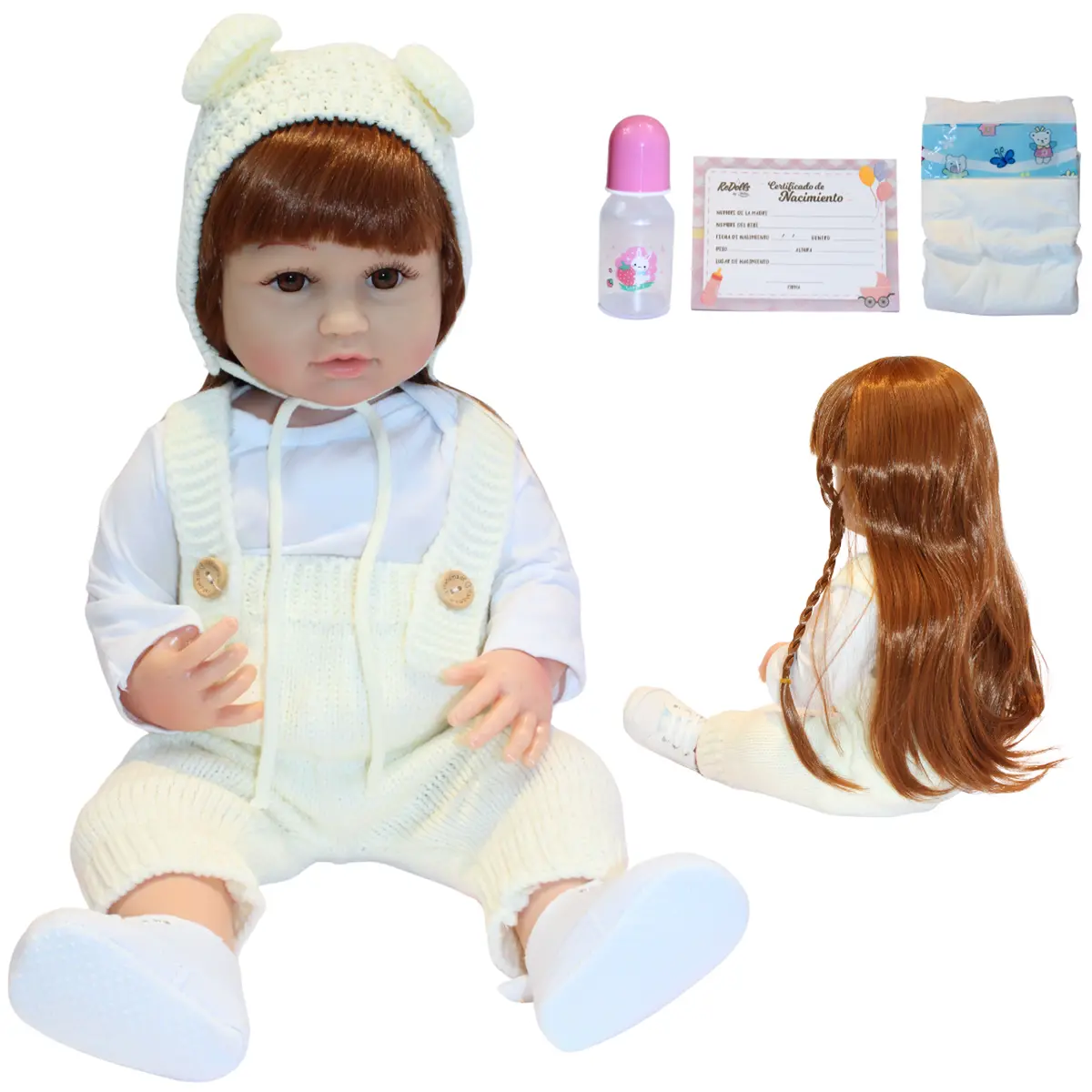 Muñeca Reborn Lucia 55Cm | Vinilo Suave Full Body | Overol Beige | Kit Completo 1