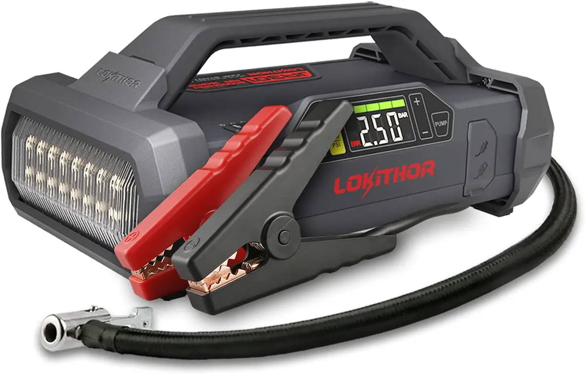Car Jump Starter 2000Amp With 150 Psi Air Inflator And Flashlight - Lokithor Ja301 1