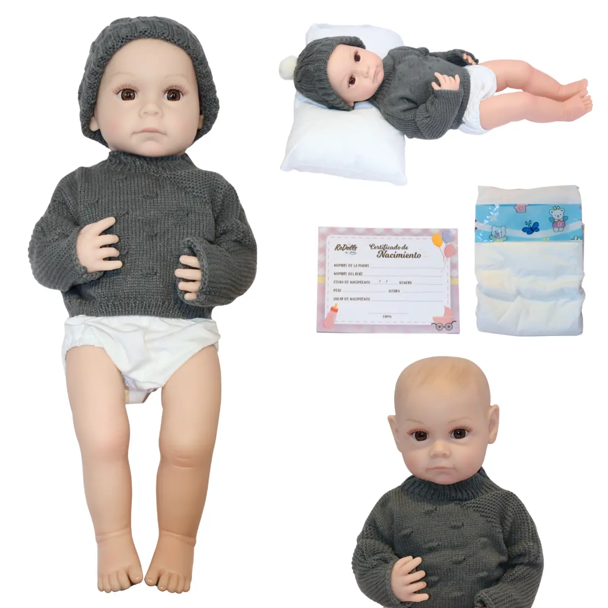 Muñeco Reborn Damián 55Cm Mameluco De Rayas Y Kit Esencial 1