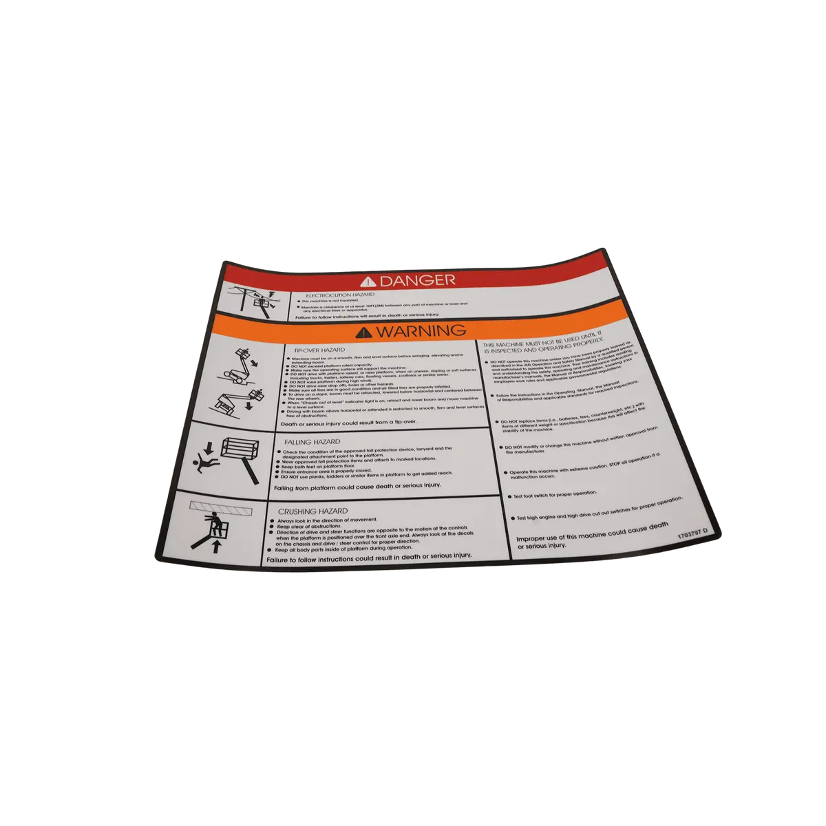 Jlg Warning/Danger Plat Decal 1703797 1
